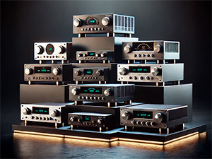 Podium avec plusieurs piles d'amplificateurs musicaux