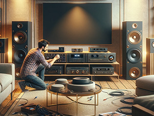 Personne installant un home-cinéma dans un salon